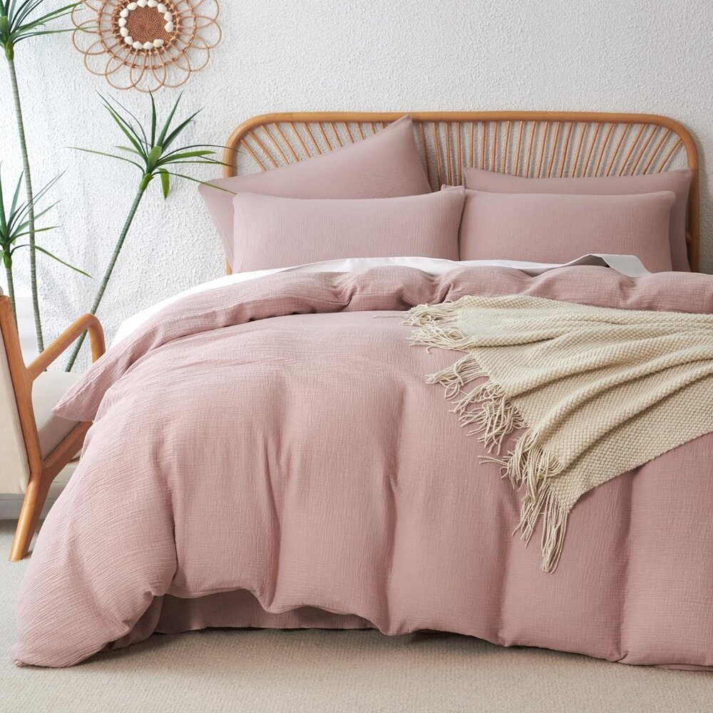 Duvet Cover Queen Light Champagne Luxury Soft 100% Cotton Double-Layer Crinkle G